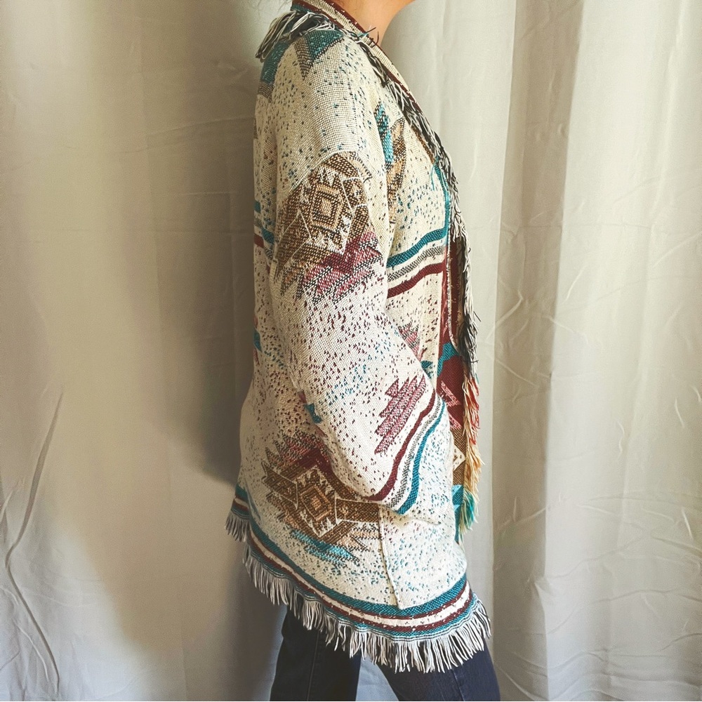 VTG Handmade Southwestern Aztec Native American Blanket Fringe Cardigan / Coat - Picture 10 of 16